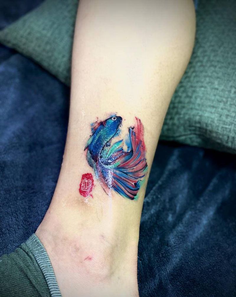 情侣纹身图片_腿部水彩水墨纹身图案