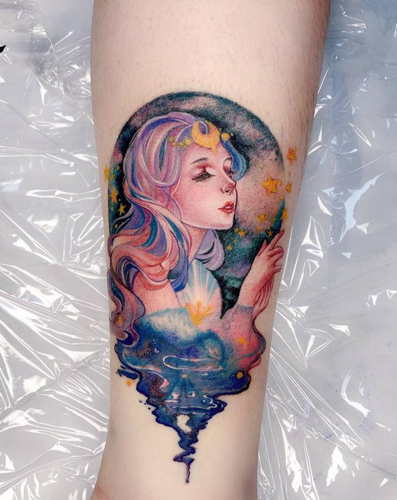 公主梦纹身图片_手臂水彩遮盖纹身图案