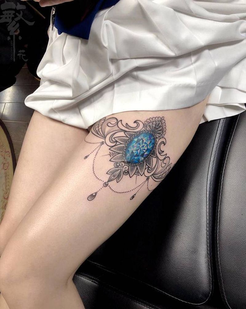 钻石腿环纹身图片_腿部几何New School纹身图案