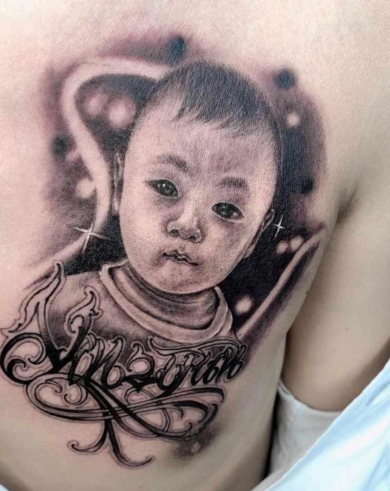 《父爱》纹身图片_胸部欧美写实肖像纹身图案