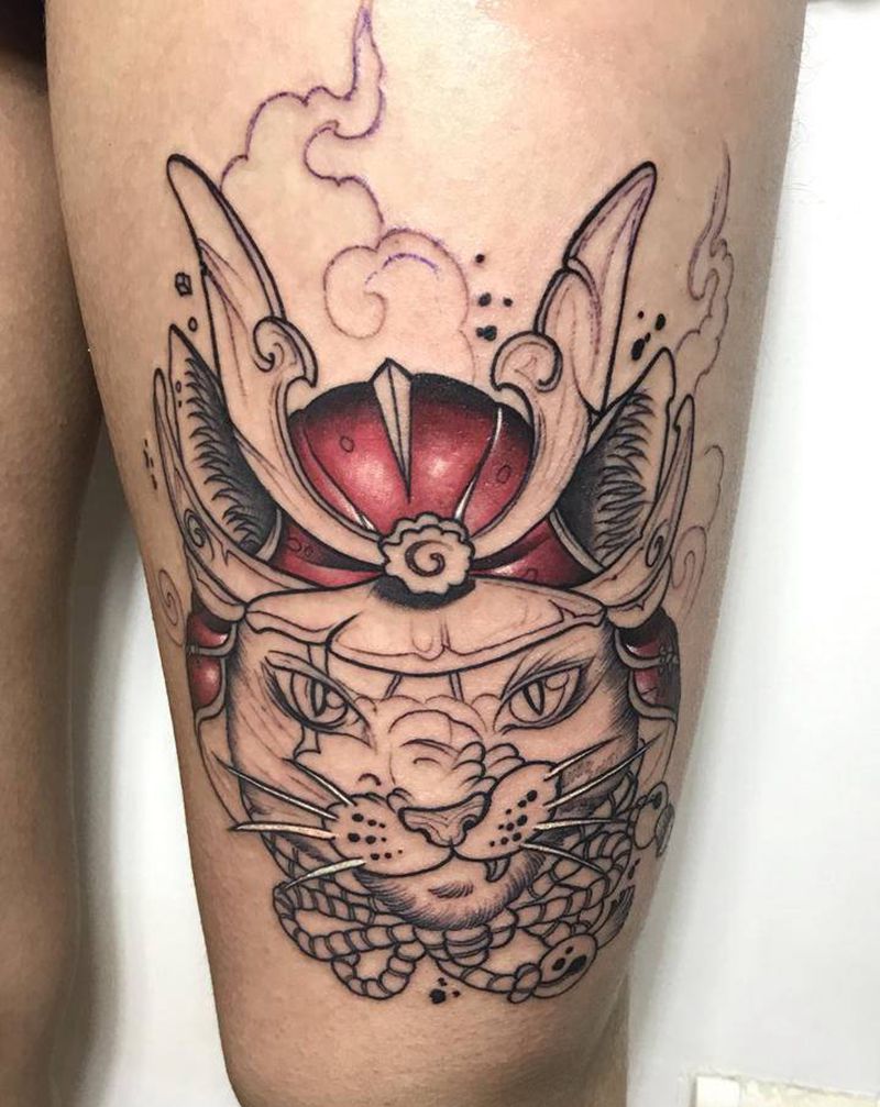 猫武士纹身图片_腿部纹身图案