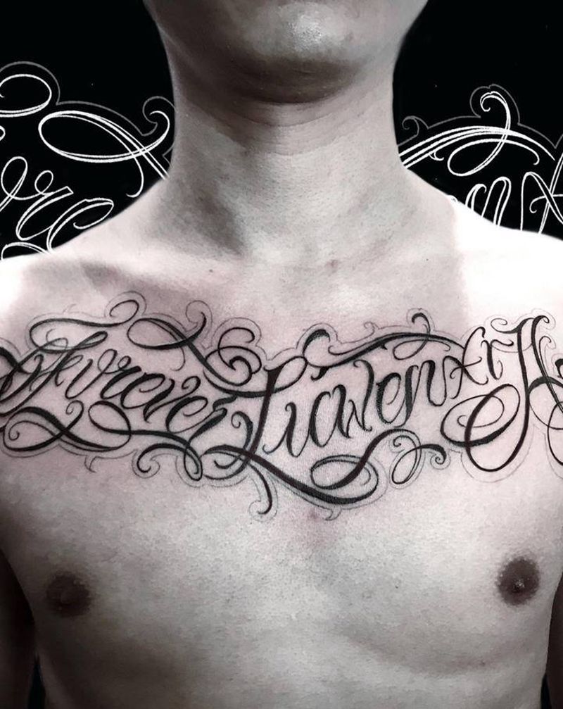 胸花纹身图片_胸部花体字软花纹身图案
