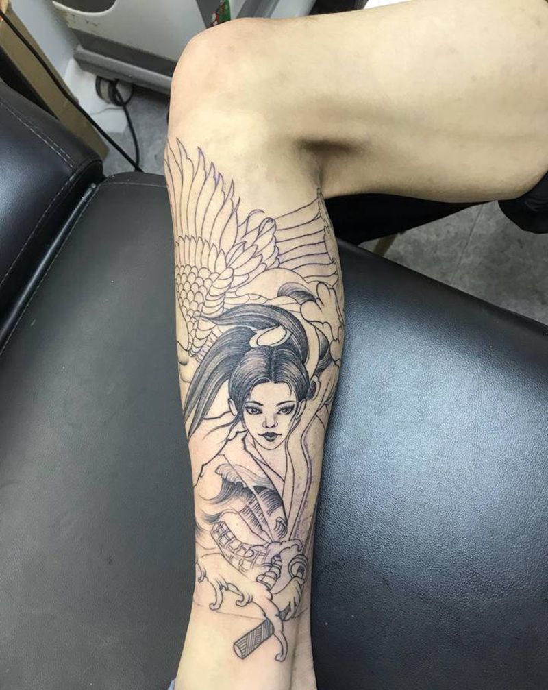 艺妓鹤纹身图片_腿部纹身图案