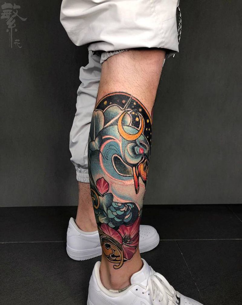 天鹅纹身图片_腿部New School纹身图案