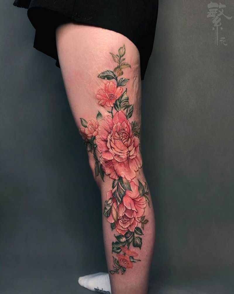 素花纹身图片_腿部素花遮盖纹身图案