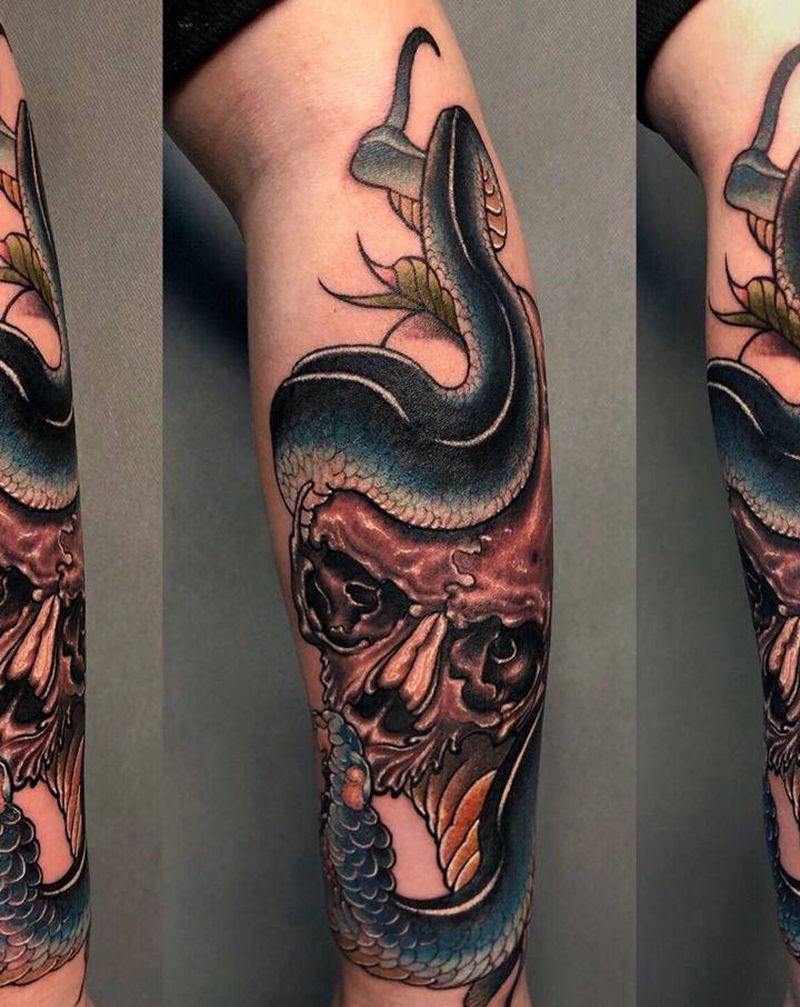 蛇骷髅纹身图片_手臂手部新传统纹身图案