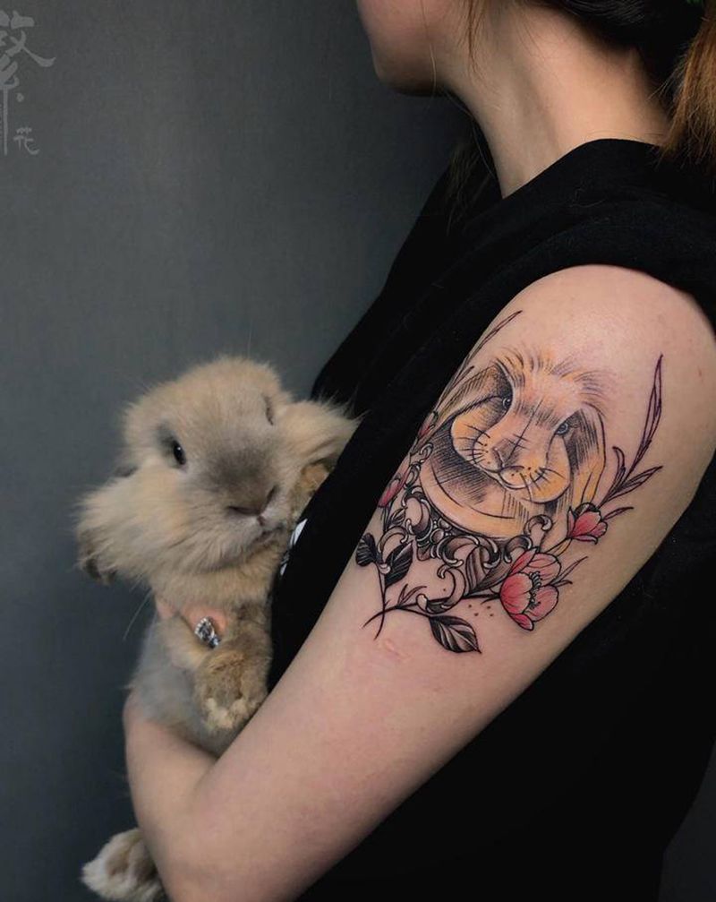 私人订制:宠物兔纹身图片_手臂水彩几何兔子 素花纹身图案