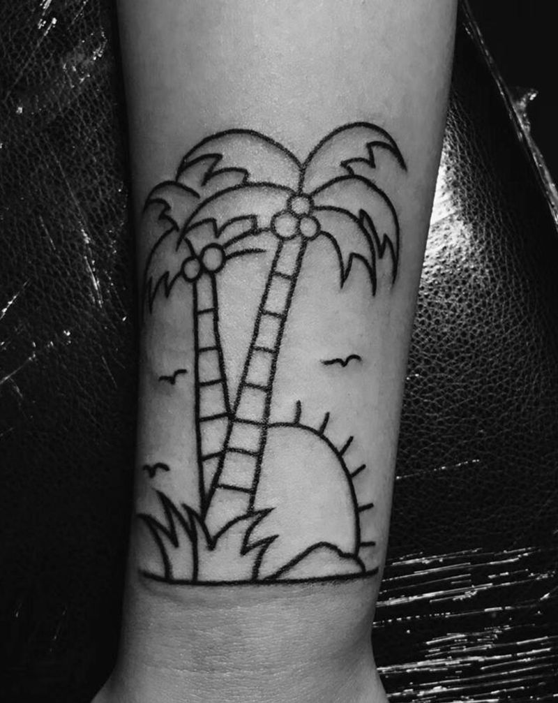 椰子树线条纹身图片_手臂Old School纹身图案
