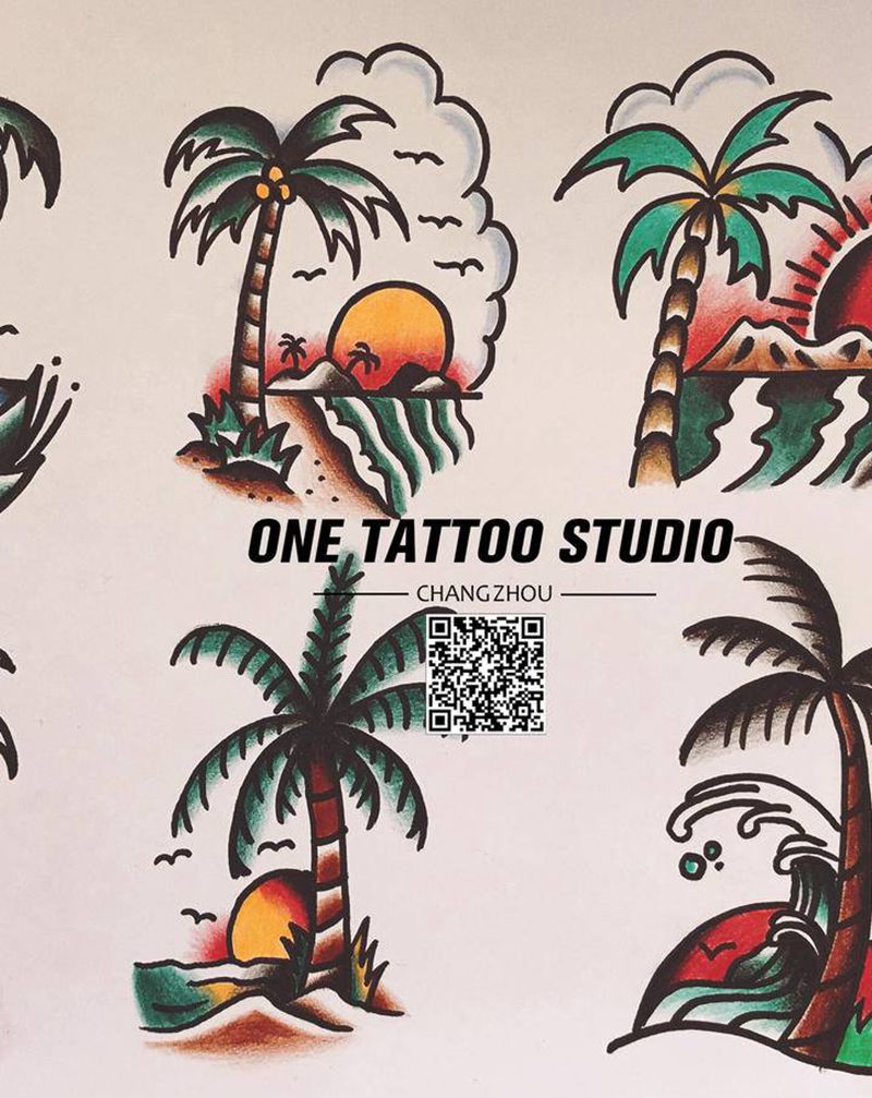 oldschool椰子树纹身图片_Old School纹身图案