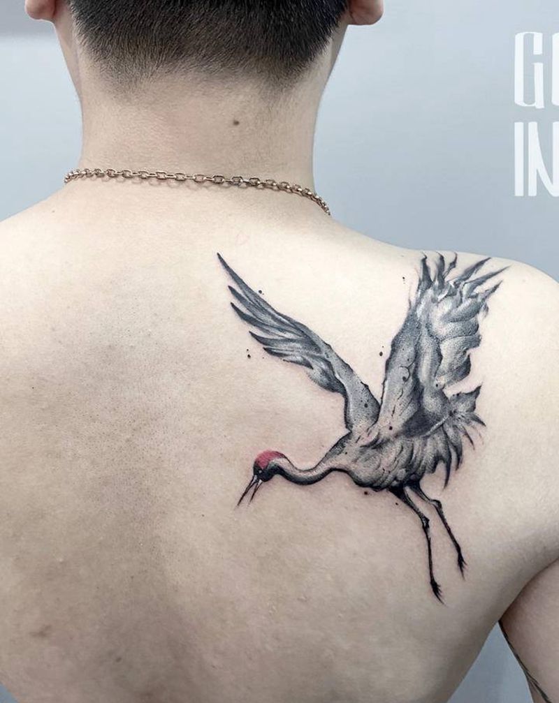 鹤纹身图片_背部水墨纹身图案