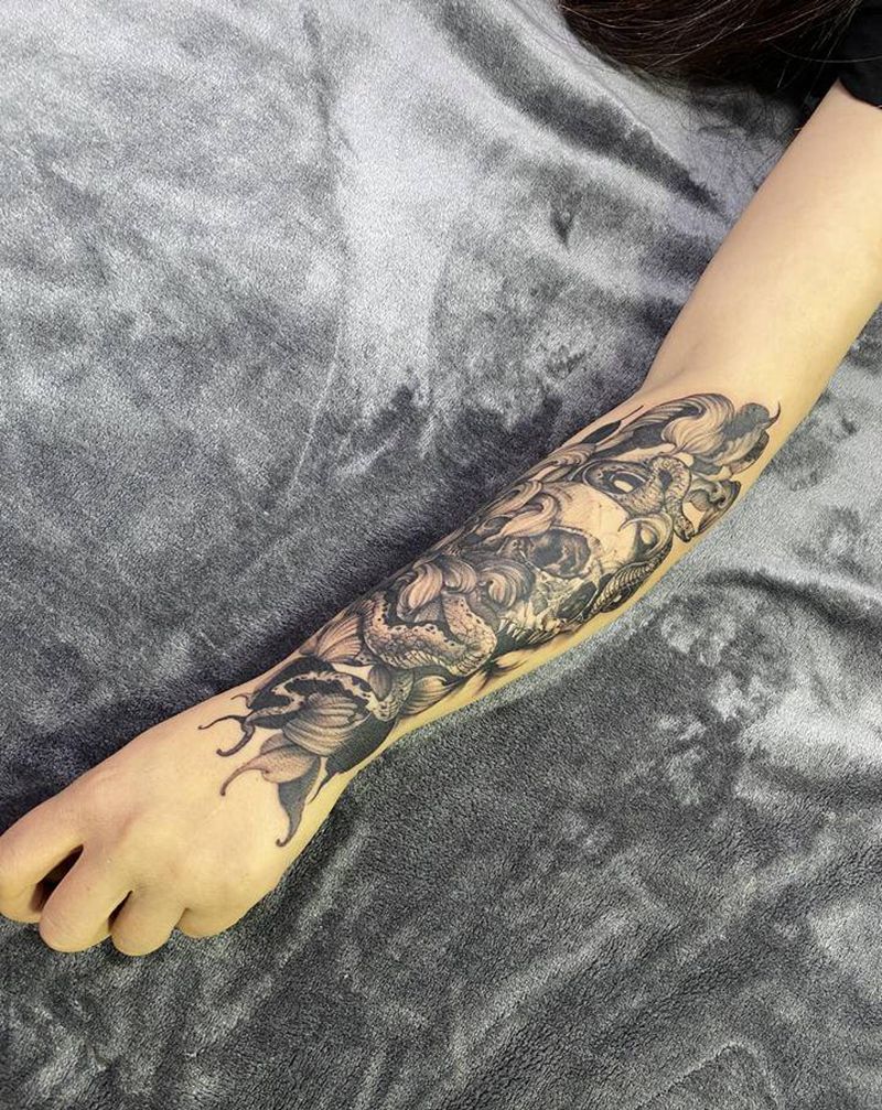 骷髅纹身图片_手臂欧美写实纹身图案