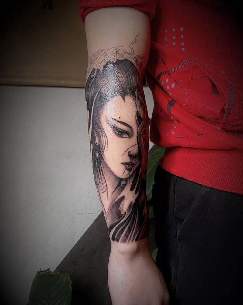 艺妓纹身图片_手臂欧美写实纹身图案