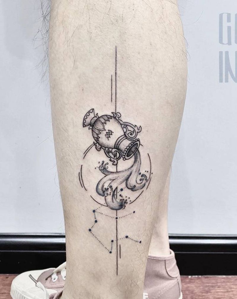 水瓶座纹身图片_腿部纹身图案