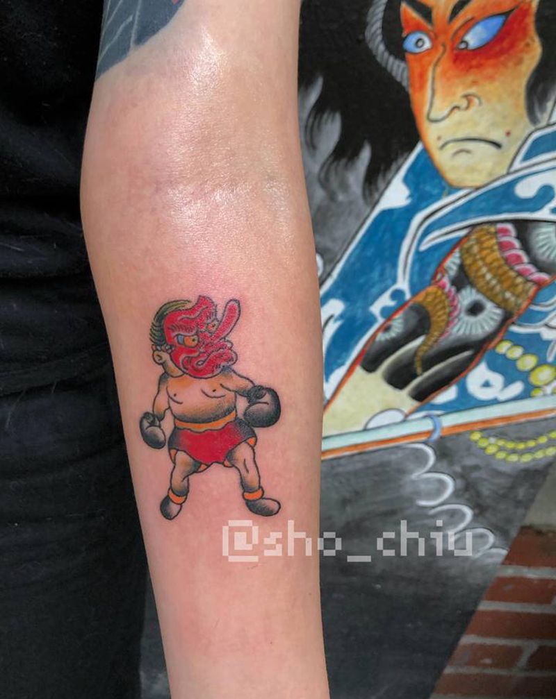 天狗拳击手纹身图片_手臂Old School纹身图案