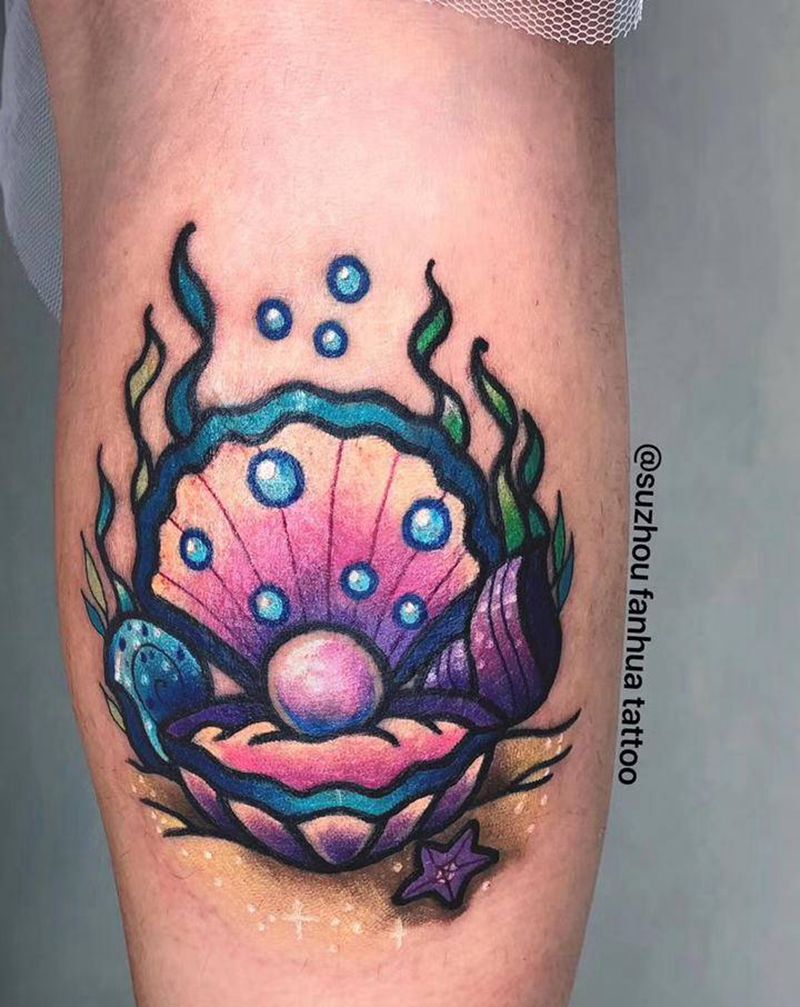 紫贝壳纹身图片_腿部New School贝壳纹身图案