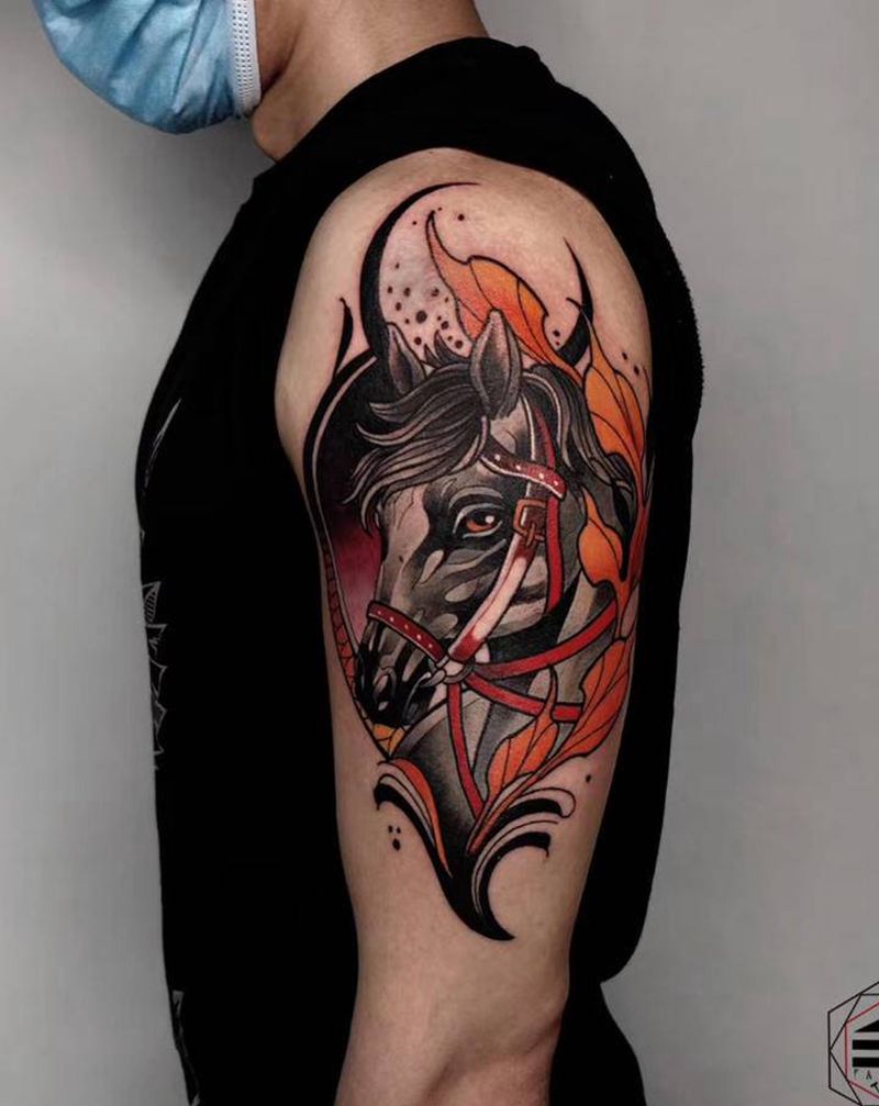 一马当先纹身图片_手部手臂Old School马纹身图案