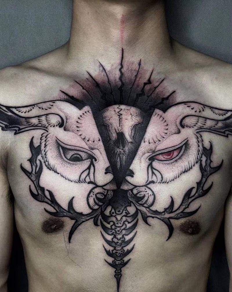 暗黑双面兔纹身图片_胸部双面兔纹身图案