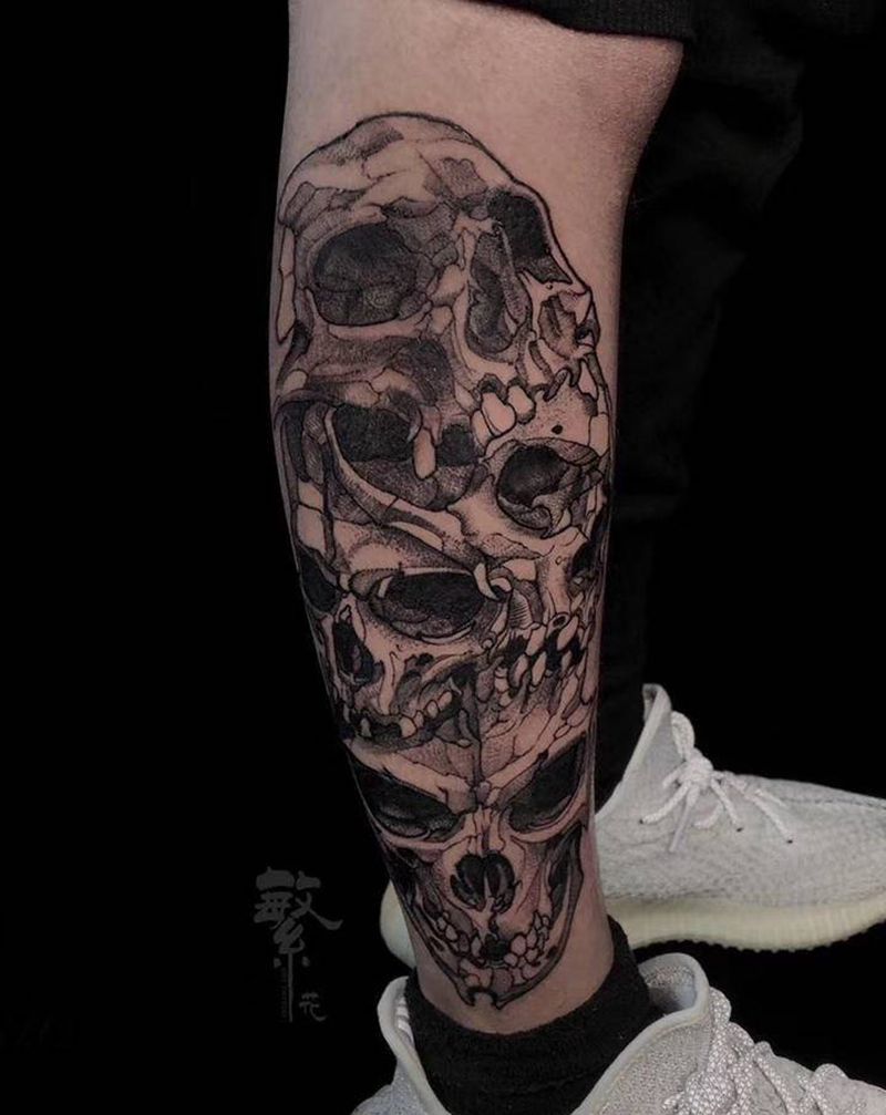骷髅包小腿纹身图片_腿部脚部骷髅头纹身图案