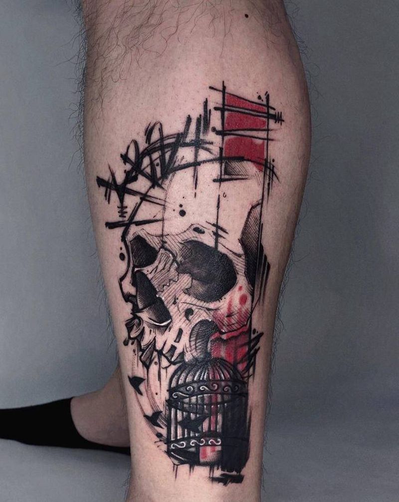 Old  school修改图纹身图片_手臂腿部Old School热气球鸟笼骷髅头纹身图案