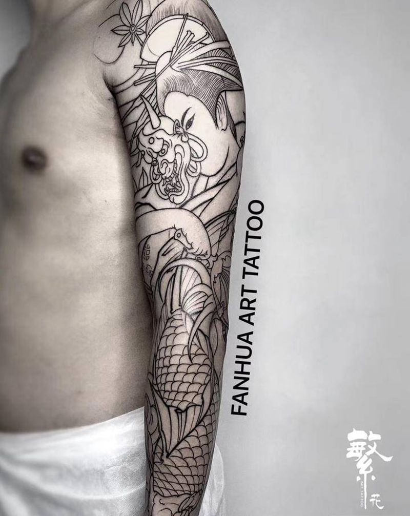 艺妓锦鲤花臂割线纹身图片_手臂老传统艺伎锦鲤纹身图案