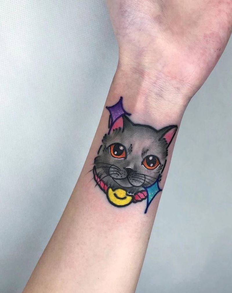 私人订制卡通喵纹身图片_手臂欧美写实New School猫纹身图案