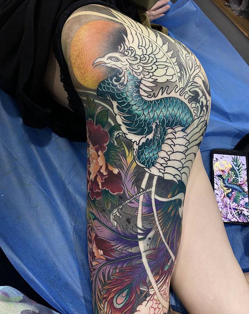 凤凰牡丹未完成纹身图片_腿部新传统纹身图案