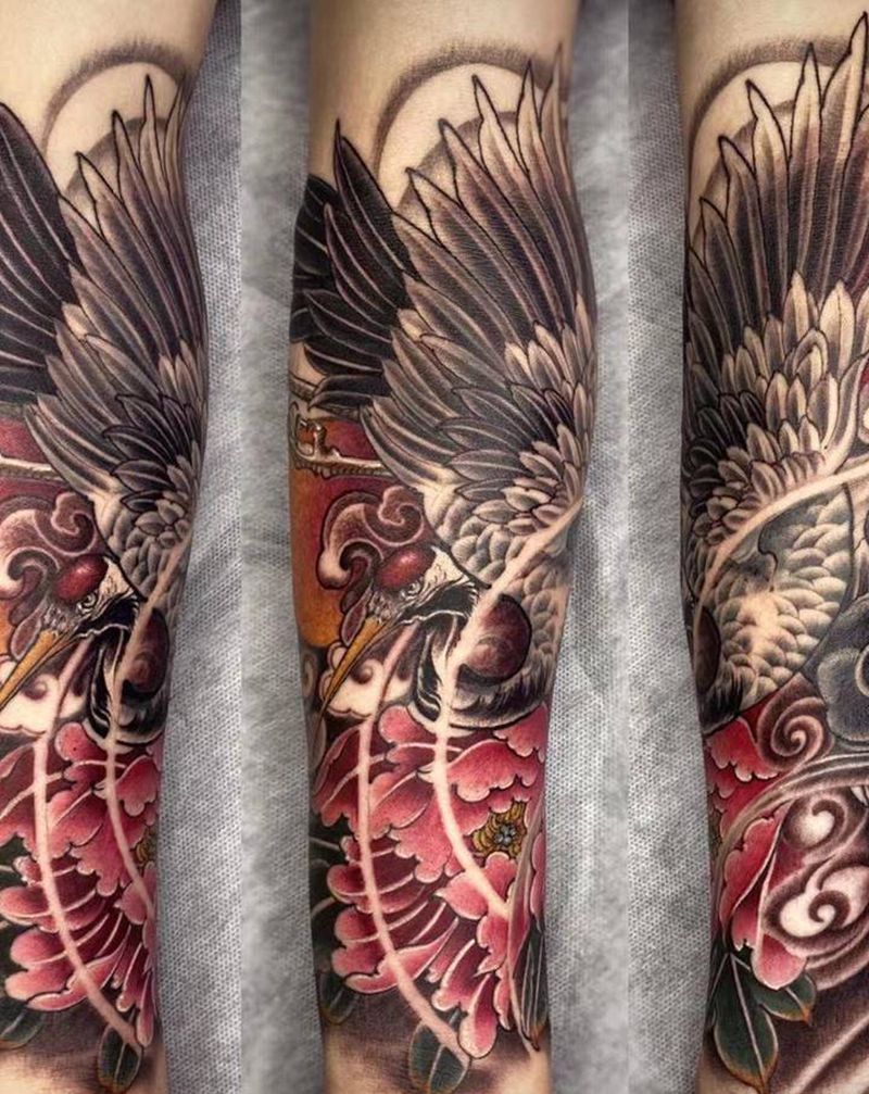 新传统·［鹤翔牡丹］纹身图片_手臂新传统仙鹤牡丹纹身图案