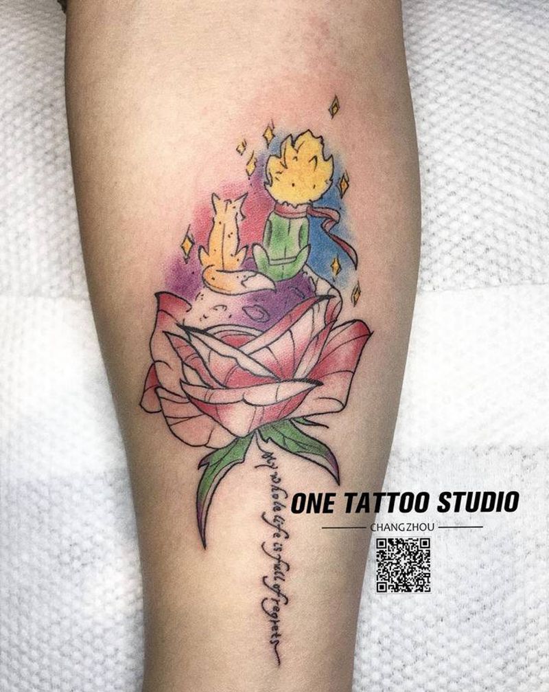 小王子玫瑰花小清新卡通纹身图片_手臂水彩New School纹身图案