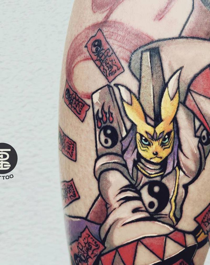 数码宝贝—寄师兽纹身图片_腿部New School动漫纹身图案