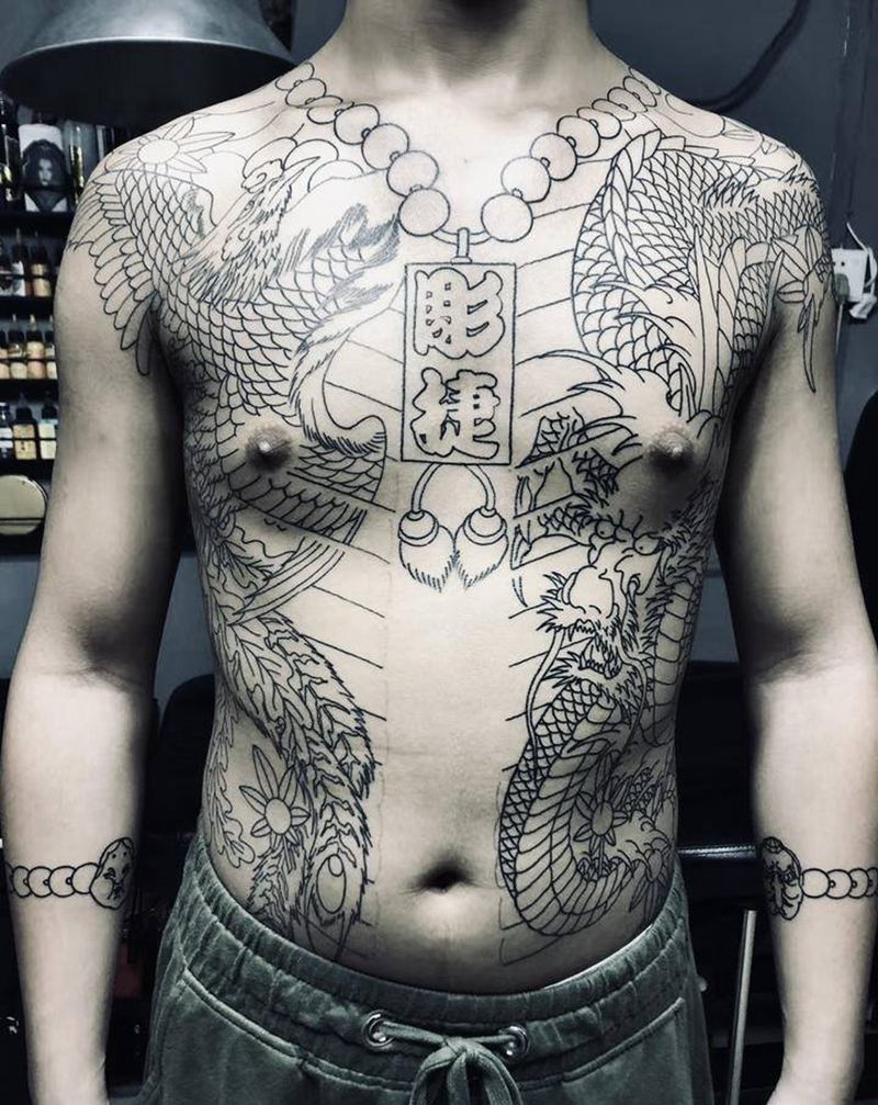 龙凤开衫纹身图片_腹部胸部老传统纹身图案
