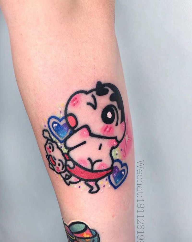 卡通拼接花臂纹身图片_手臂New School蜡笔小新樱桃小丸子独角兽纹身图案