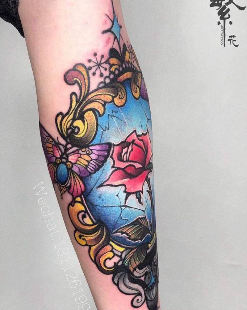 New school·镜花纹身图片_手臂New School镜玫瑰蝴蝶纹身图案