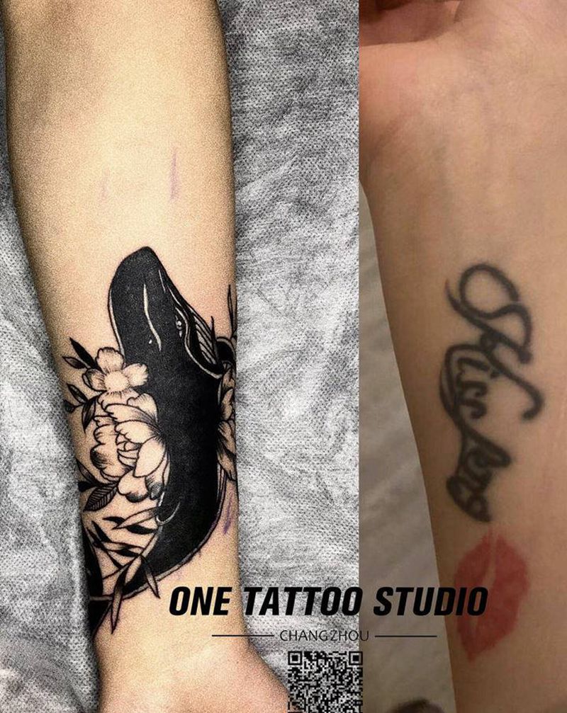 手臂英文鲸鱼遮盖纹身图片_手臂纹身图案