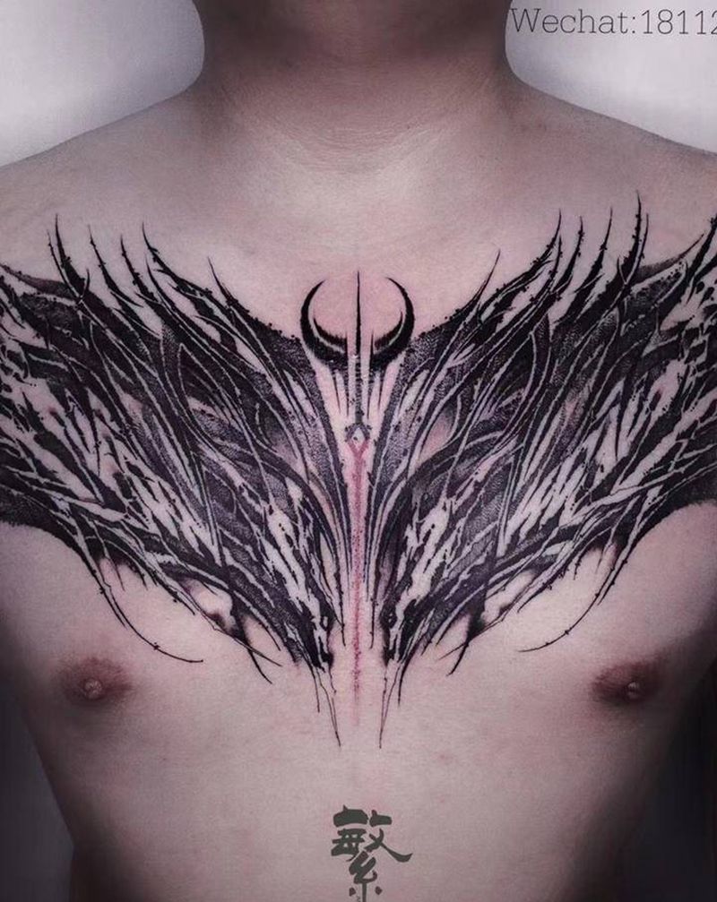 花胸·暗黑花体字纹身图片_胸部几何点刺花体字纹身图案