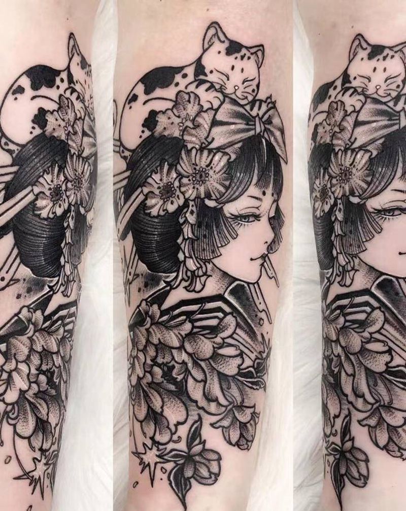 艺伎系列纹身图片_手臂臀部点刺老传统纹身图案