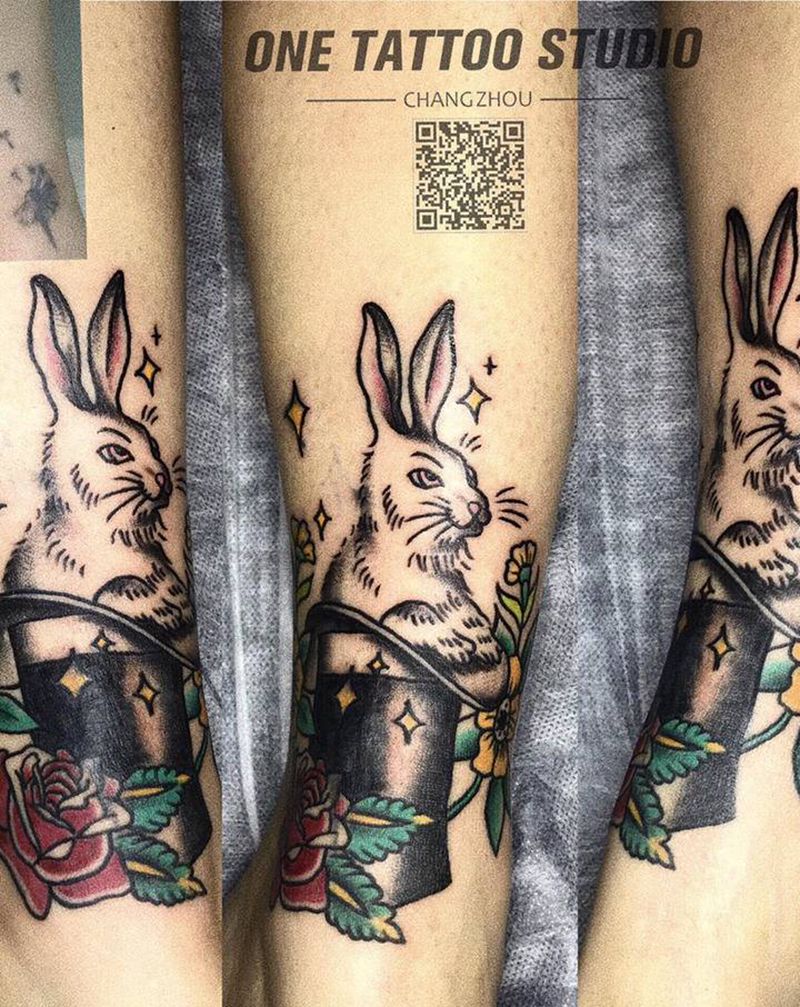 遮盖oldschool 兔子纹身图片_腿部Old School纹身图案