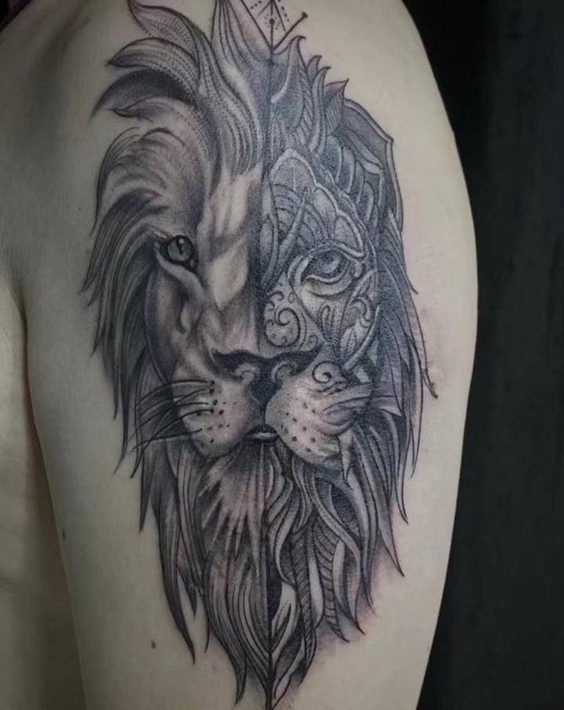 狮子纹身图片_手臂点刺欧美写实纹身图案