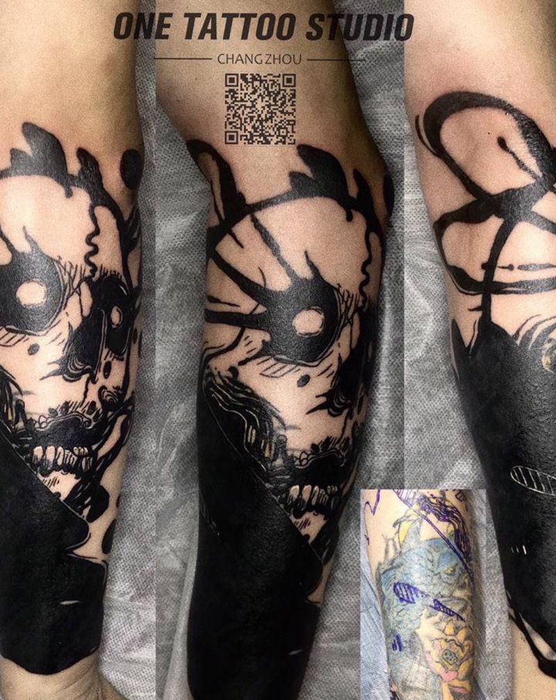 骷髅遮盖纹身图片_手臂纹身图案