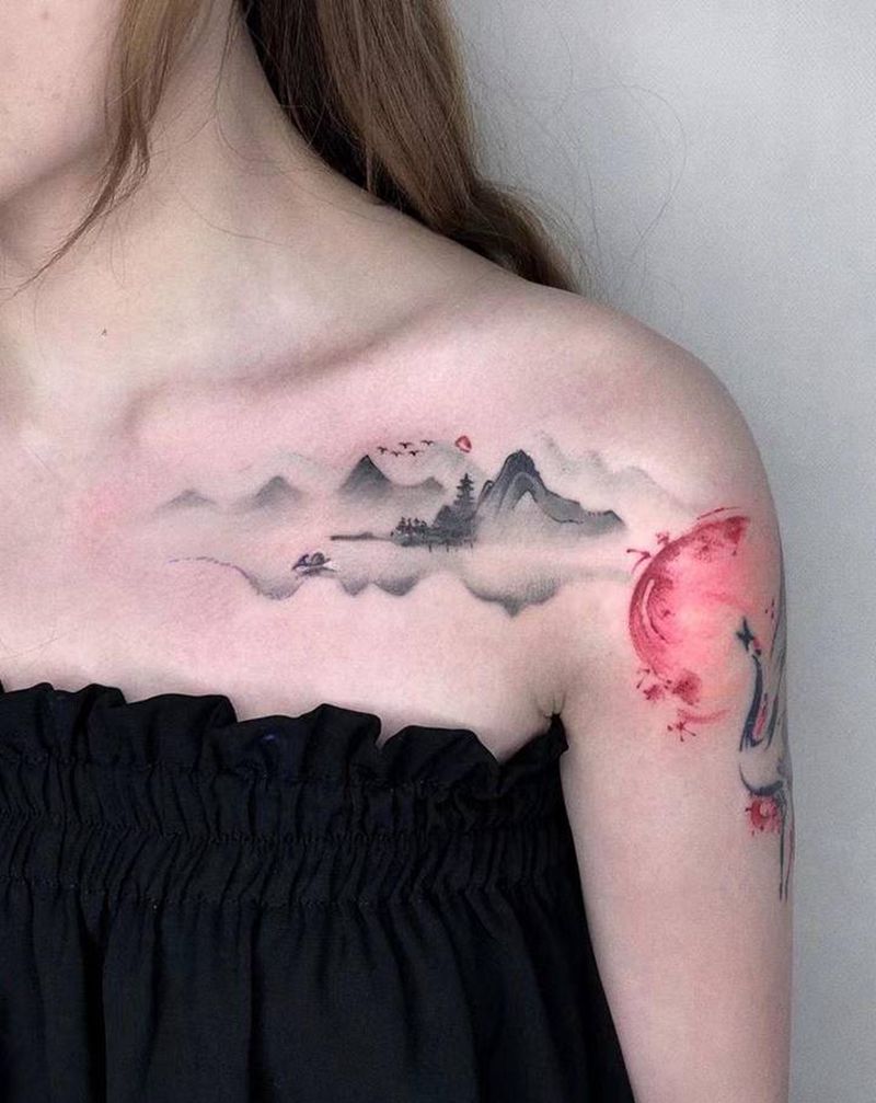 水墨·山水纹身图片_肩部水墨山水纹身图案
