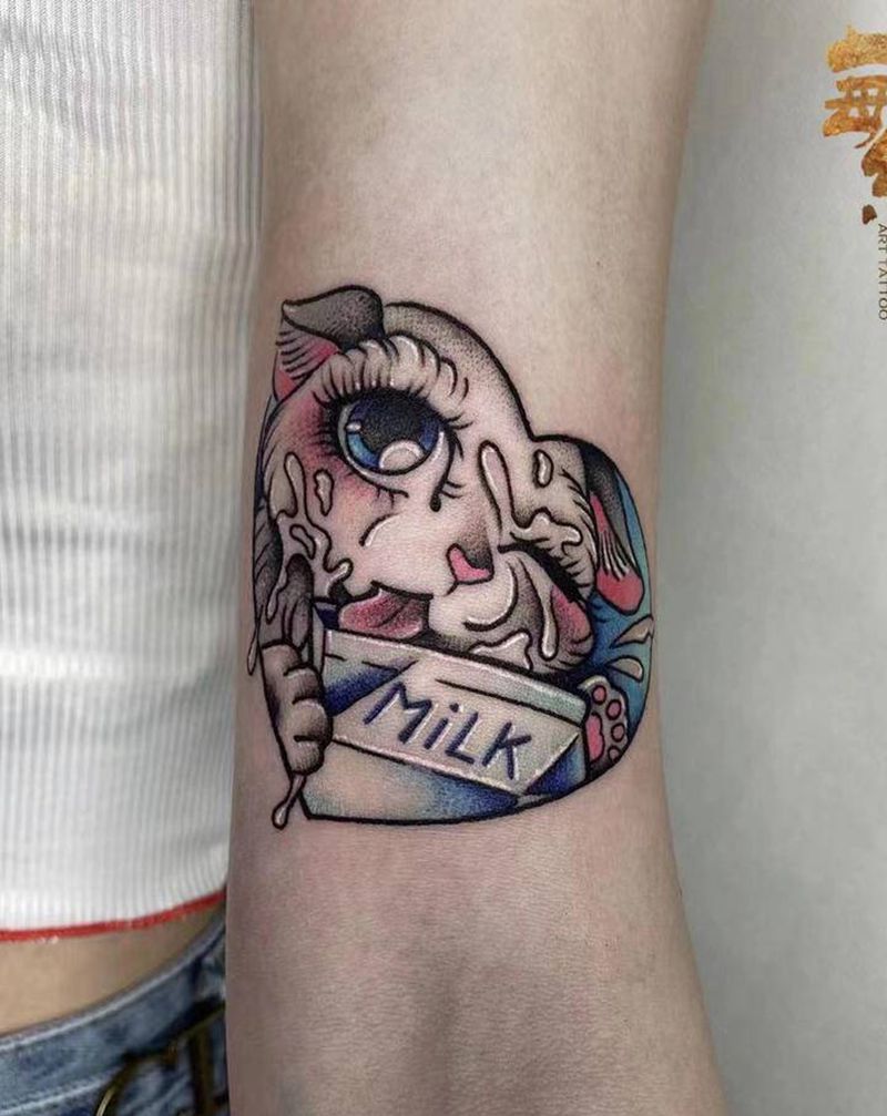 New school猫纹身图片_手臂New School猫牛奶纹身图案