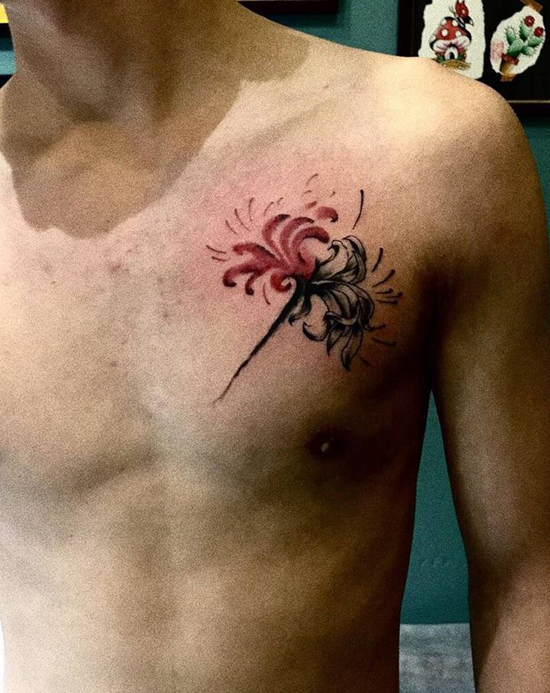 彼岸花纹身图片_胸部水彩纹身图案