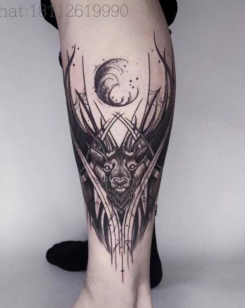 暗黑·鹿纹身图片_腿部几何水墨鹿纹身图案