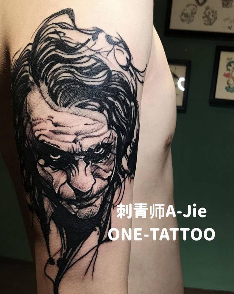 小丑纹身图片_手臂欧美写实点刺纹身图案