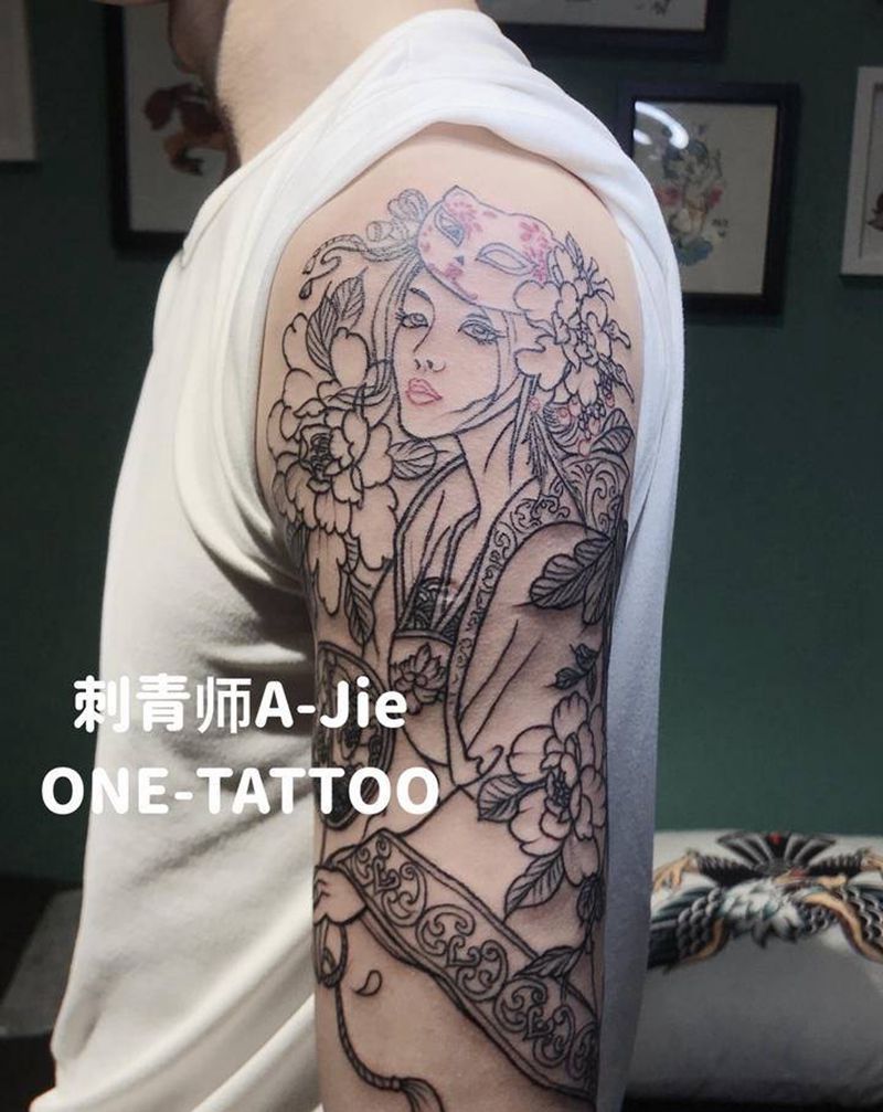 艺妓纹身图片_肩部手臂新传统纹身图案