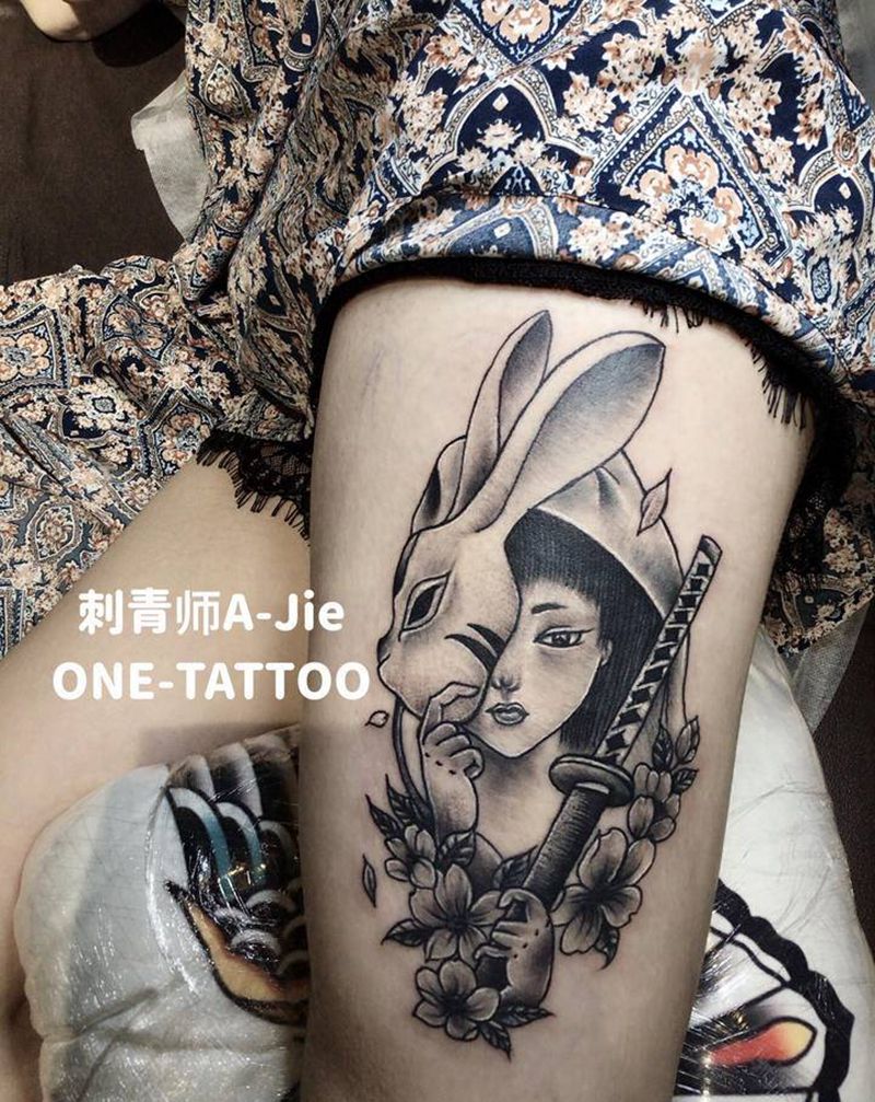 艺妓纹身图片_腿部新传统艺妓纹身图案