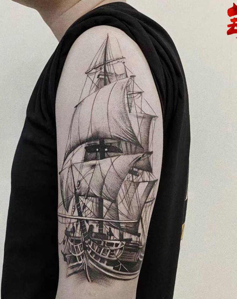 寫實 帆船⛵️纹身图片_手臂欧美写实纹身图案
