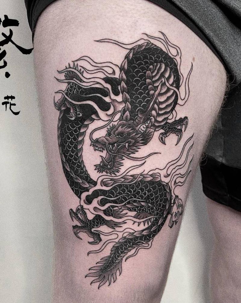 傳統 中國龍纹身图片_腿部老传统Old School纹身图案