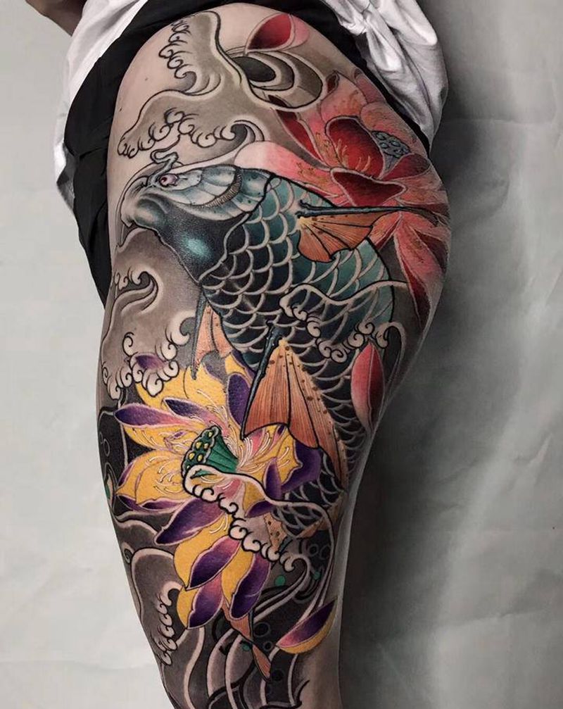 鲤鱼荷花纹身图片_腿部新传统老传统纹身图案