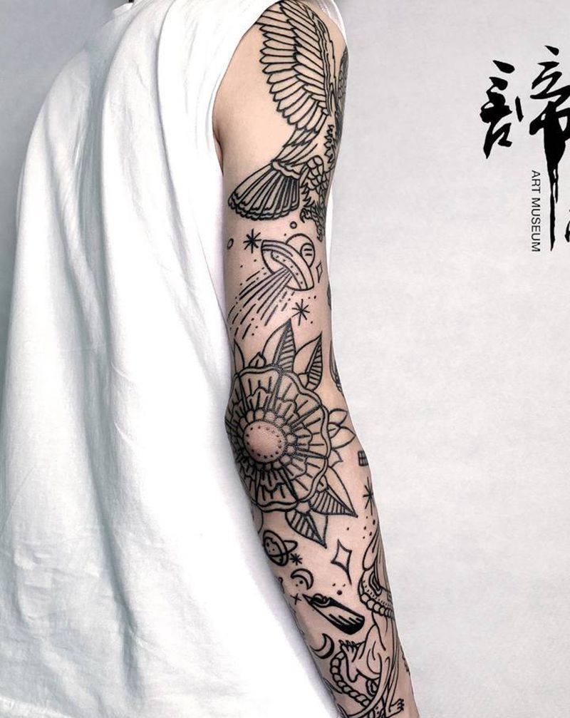 花臂拼接纹身图片_手臂Old School纹身图案