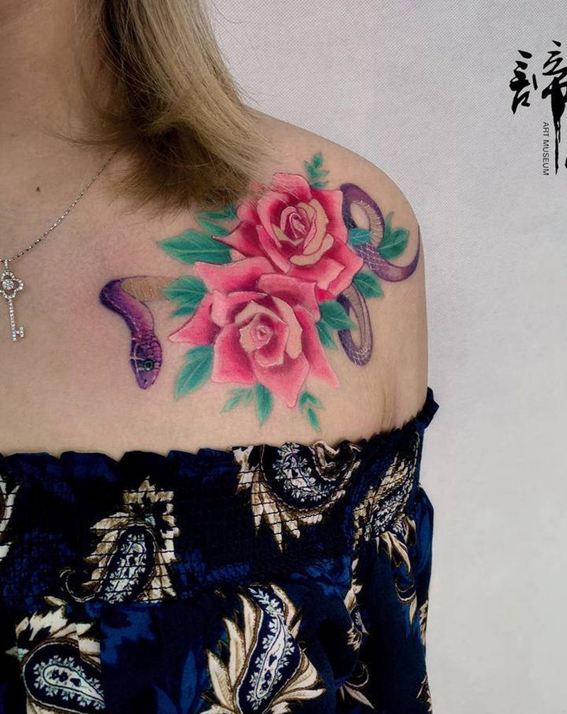 小清新纹身图片_肩部水彩纹身图案